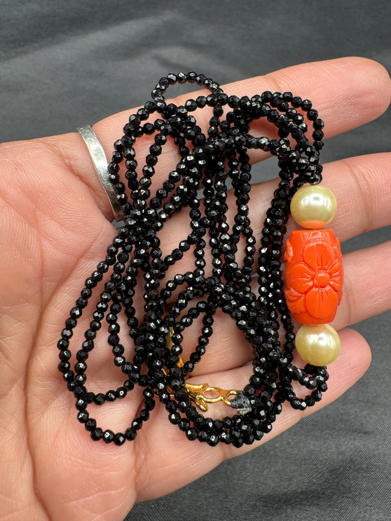 Natural Coral engraved flower with Swarovski pearls black diamond beads chain