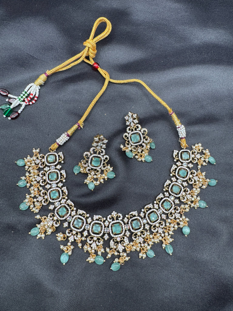 Light Green stones with Swarovski pearls trendy necklace set