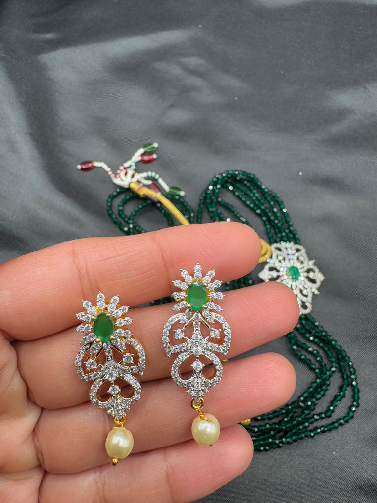 Emerald beads chain with CZ stones pendant with matching earrings