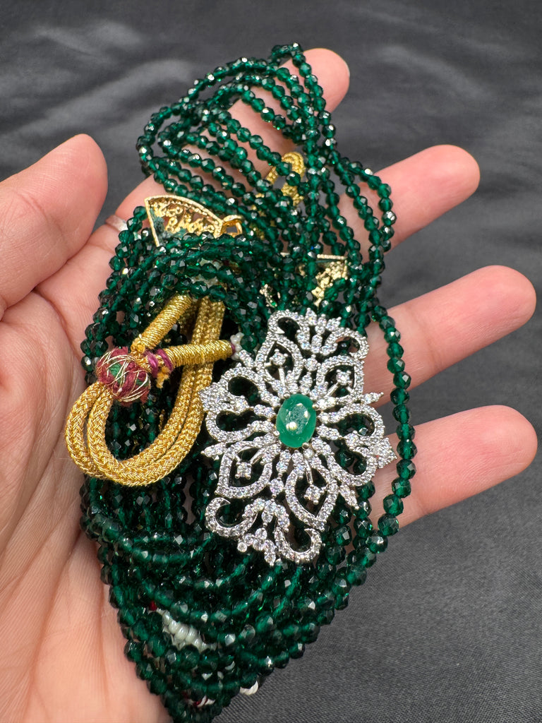 Green Crystal beads chain with cz stones side locket with matching earrings