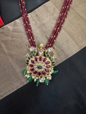 Ruby beads Chain with multicolor stones Pendant Set