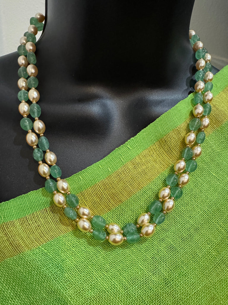 Strawberry Emerald beads with Swarovski pearls double line chain