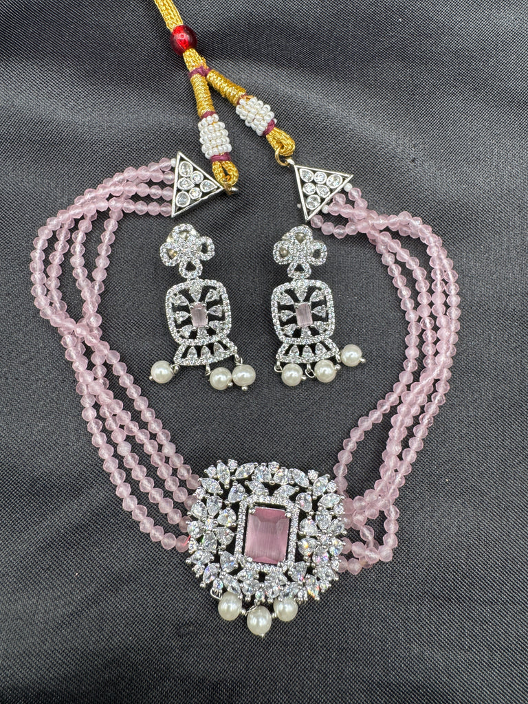 Light baby Pink beads with cz stones pendant and matching earrings choker set