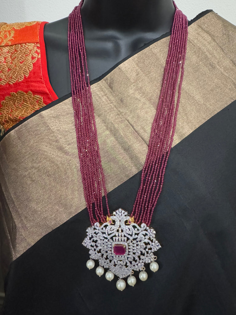 High-quality pink color beads with cz Stones peacock design pendant with matching jumka earrings