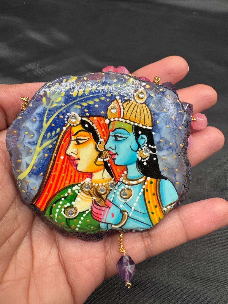 Natural sea Crystal hand painting Radha & Krishna pendant