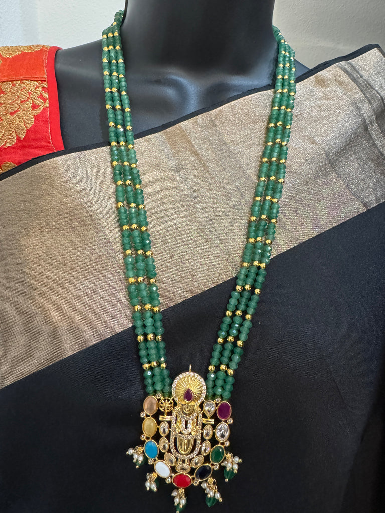 Long three-line Emerald bead chain with Navrathana Stones Venkateshwara Swamy pendant with matching earrings
