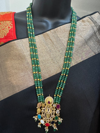Long three-line Emerald bead chain with Navrathana Stones Venkateshwara Swamy pendant with matching earrings