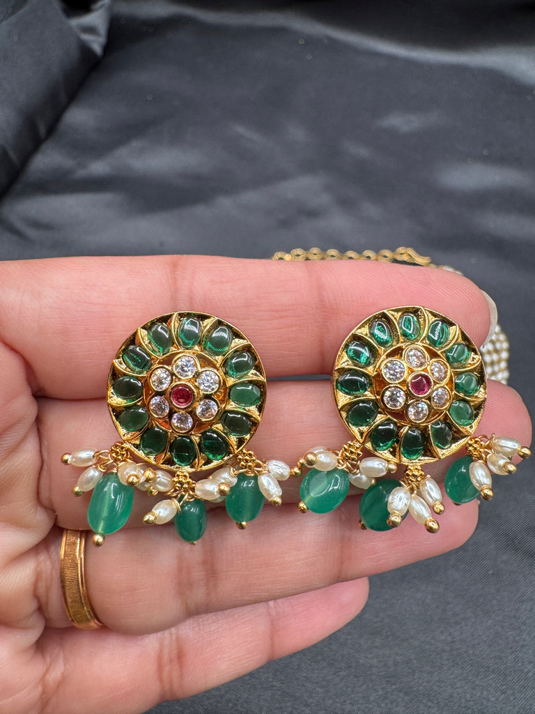 Pearl with CZ stones and emerald pendant & earrings