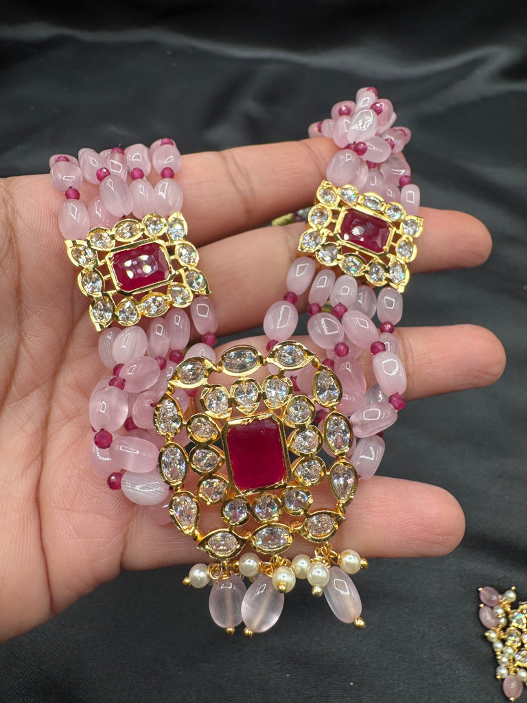 Pink & Red beads with cute CZ stones small pendant with matching earrings