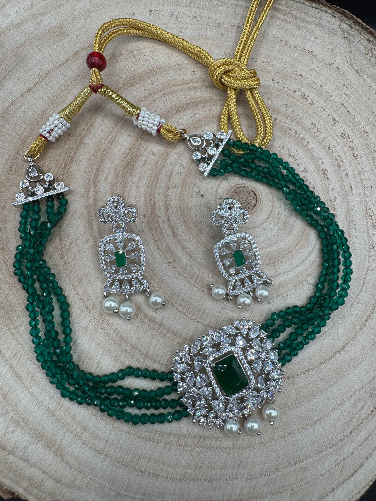 Green crystal beads with cz stones pendant and matching earrings
