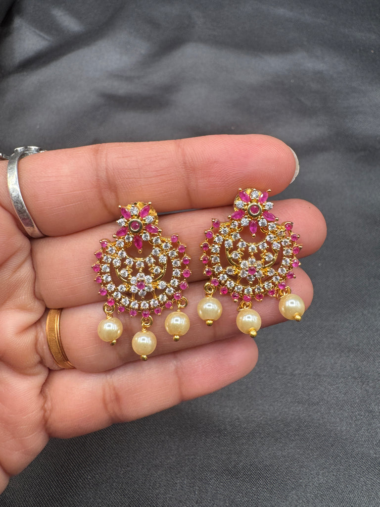 Ruby stones and cz stones with pearls chandbali earrings