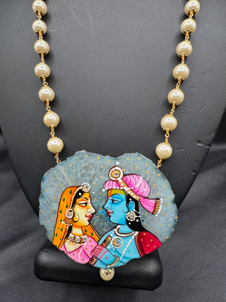 Light gray natural sea crystal hand painting Radha & Krishna pendant with Swarovski pearls chain
