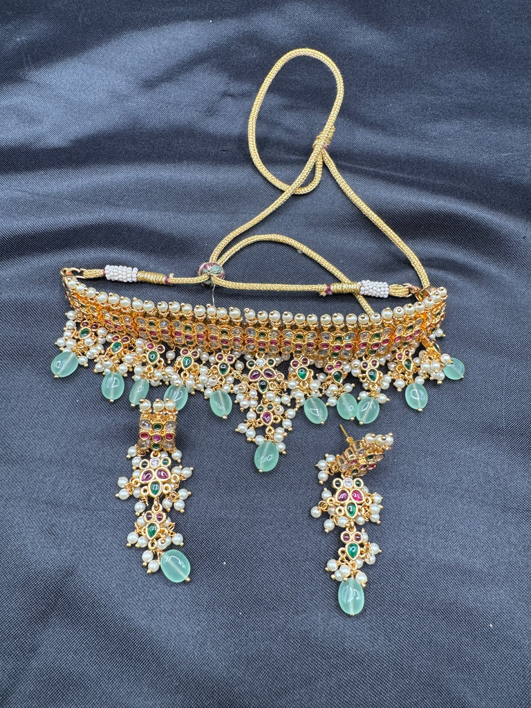 Multicolor Stones with pearls and green beads choker set