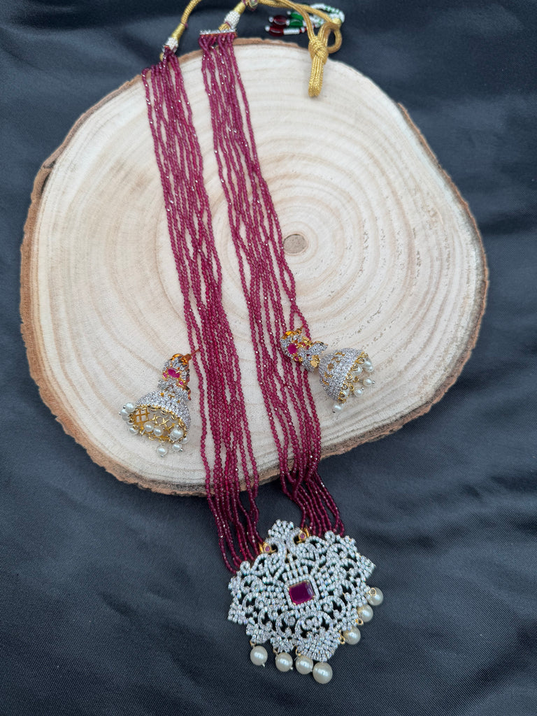 High-quality pink color beads with cz Stones peacock design pendant with matching jumka earrings