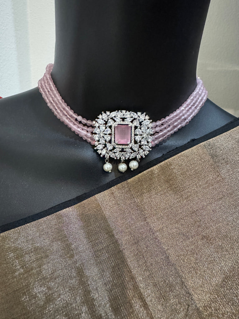 Light baby Pink beads with cz stones pendant and matching earrings choker set