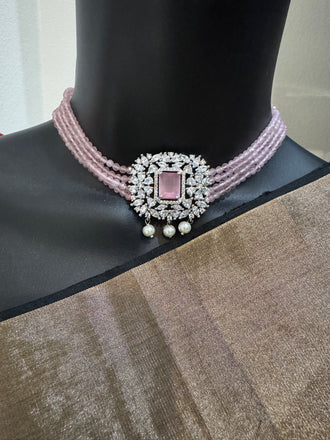Light baby Pink beads with cz stones pendant and matching earrings choker set