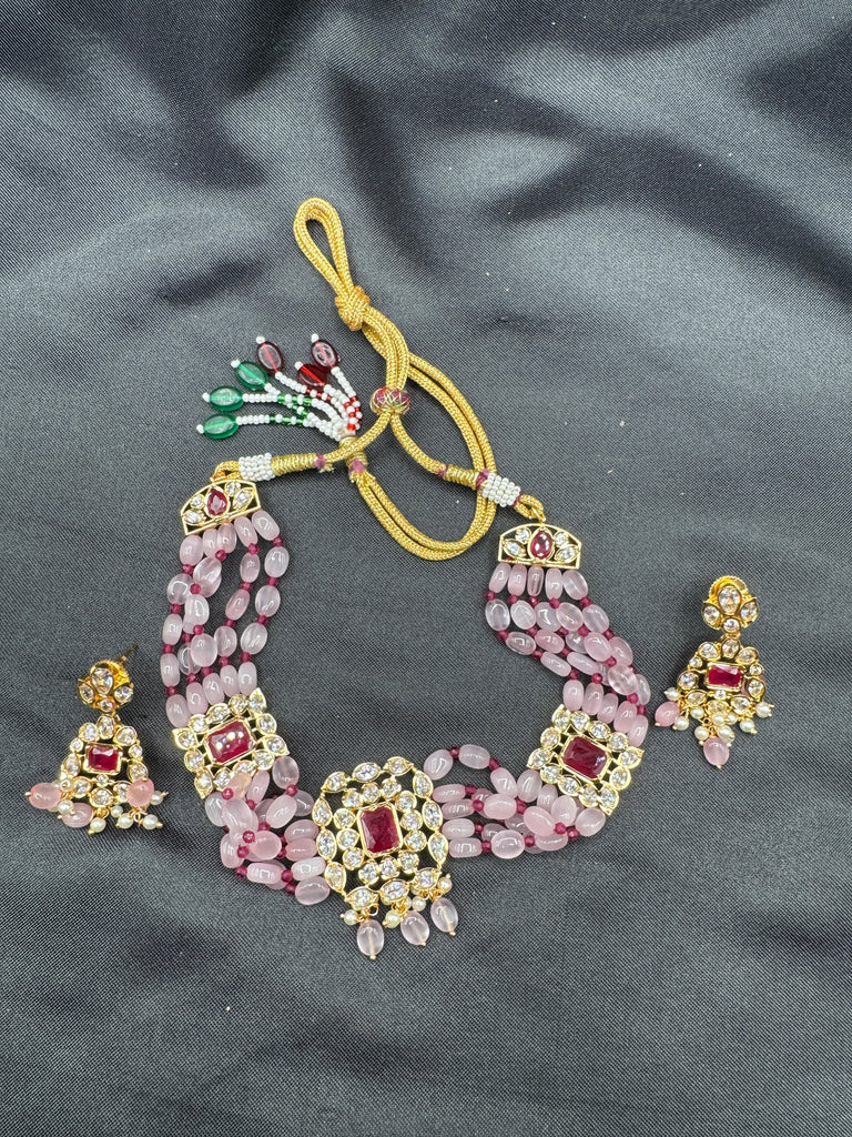 Pink & Red beads with cute CZ stones small pendant with matching earrings