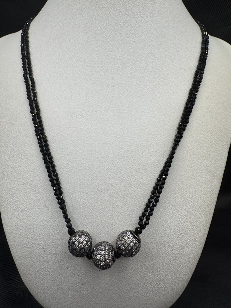 Double line black diamond beads with cz stones ball pendant
