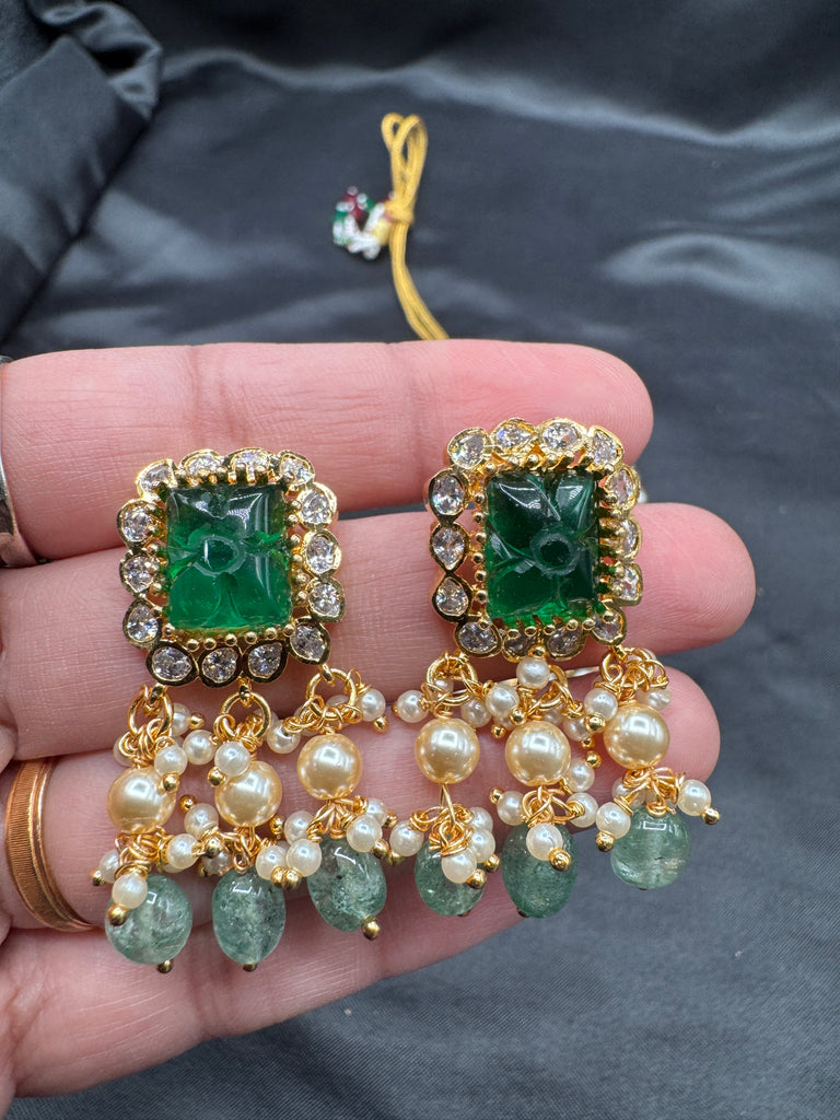 Pearl with CZ stones and emerald pendant & earrings