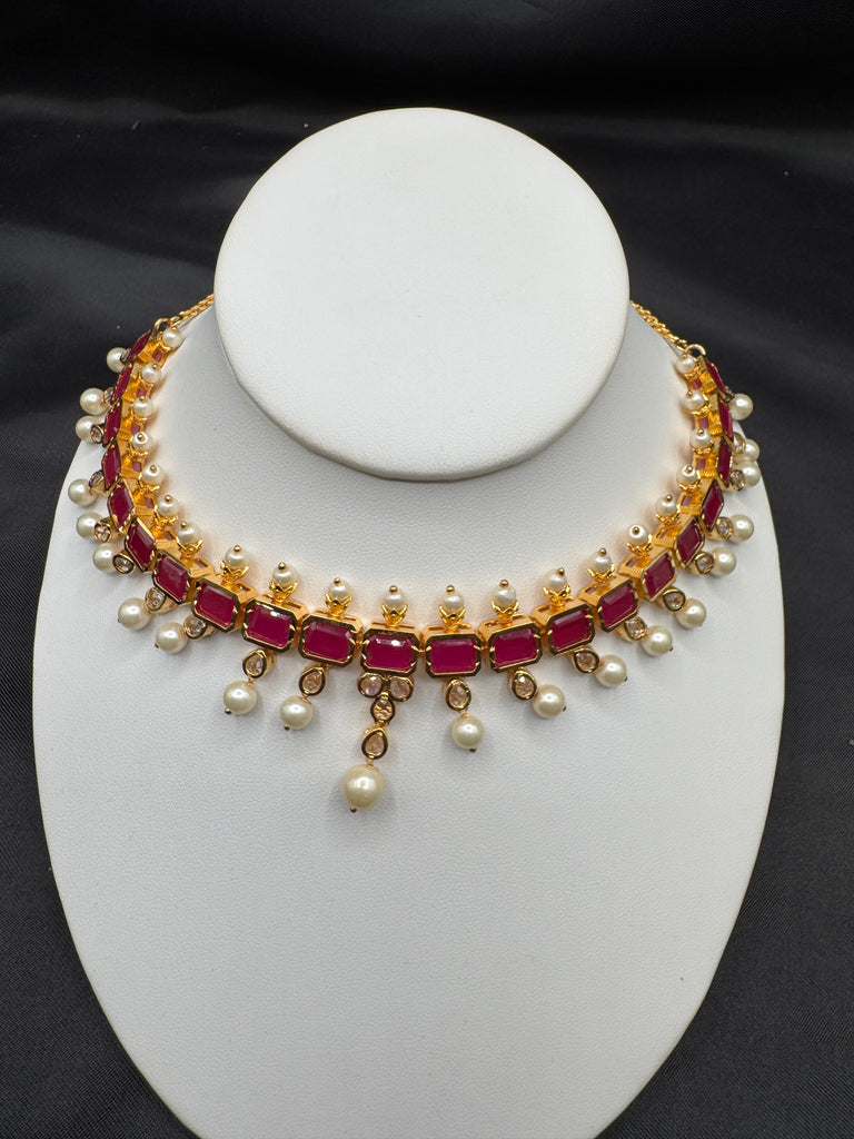 Ruby stones and uncut Stones and pearls necklace set