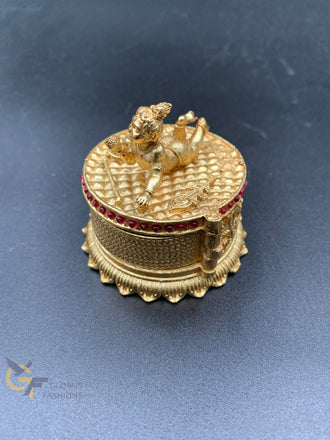 Ruby stones antique small Krishna sliding kumkum & turmeric box