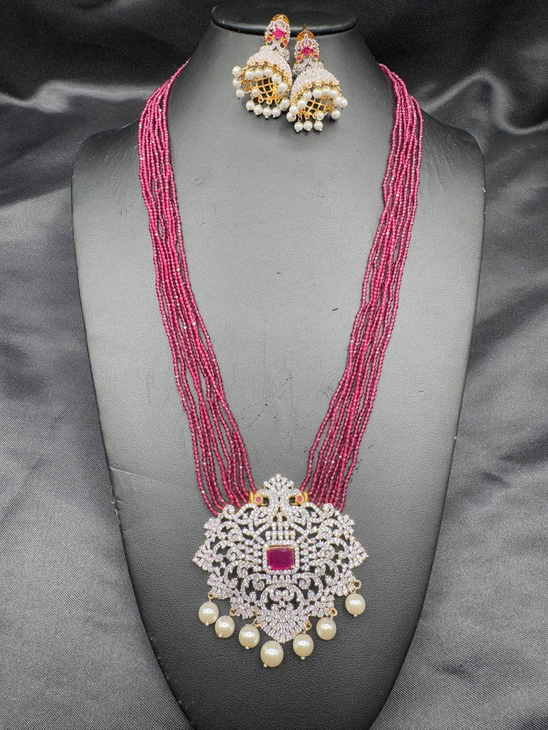 High-quality pink color beads with cz Stones peacock design pendant with matching jumka earrings