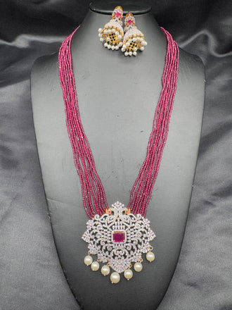 High-quality pink color beads with cz Stones peacock design pendant with matching jumka earrings