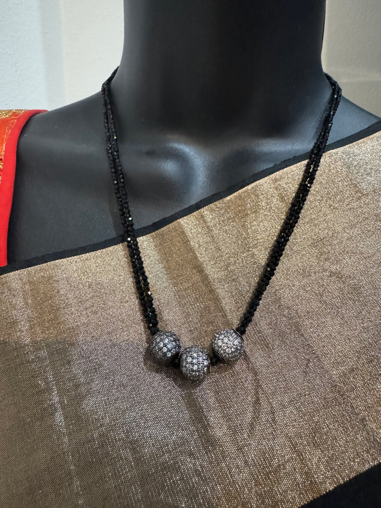 Double line black diamond beads with cz stones ball pendant