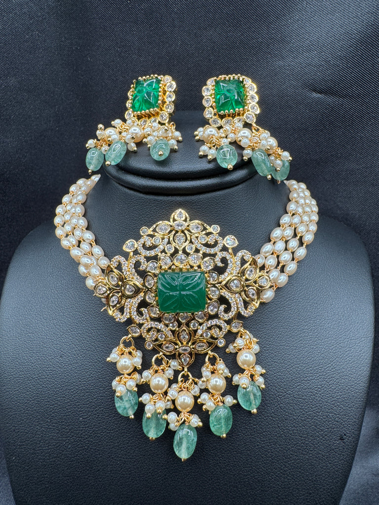 Pearl with CZ stones and emerald pendant & earrings