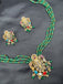 Long three-line Emerald bead chain with Navrathana Stones Venkateshwara Swamy pendant with matching earrings