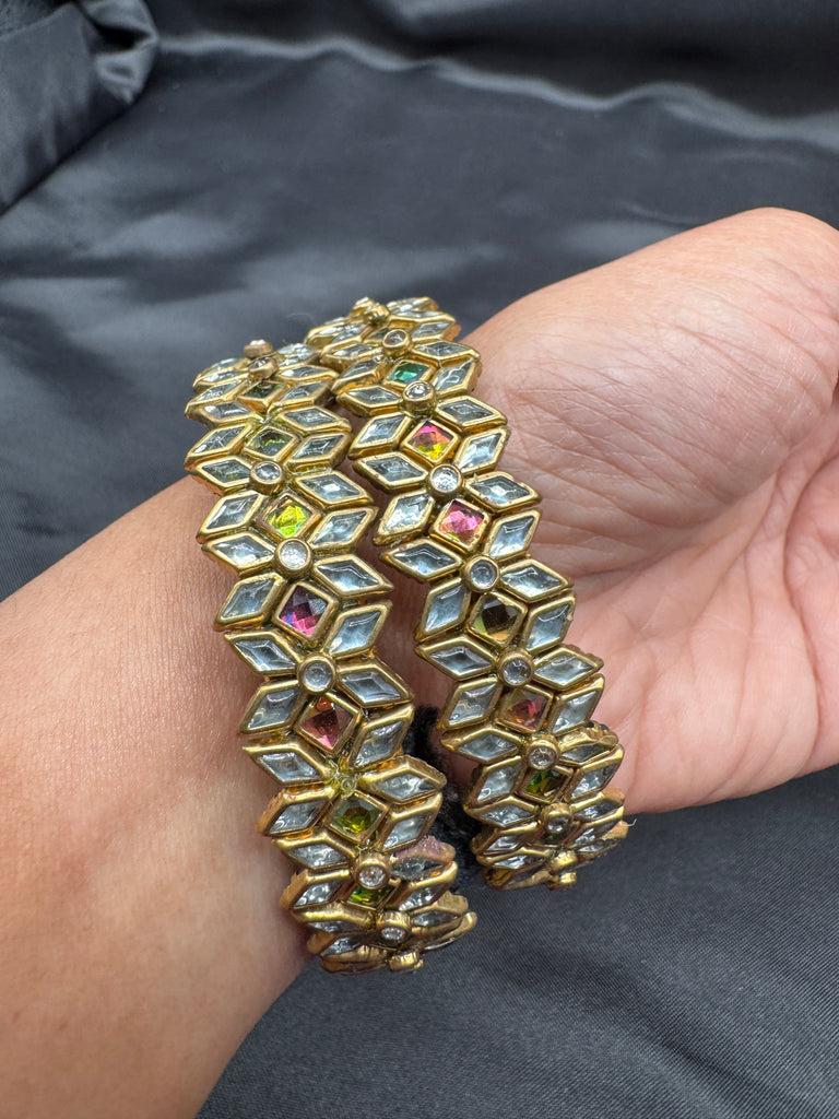 White and light pink Kundan stones kada bangles