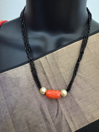 Natural Coral engraved flower with Swarovski pearls black diamond beads chain