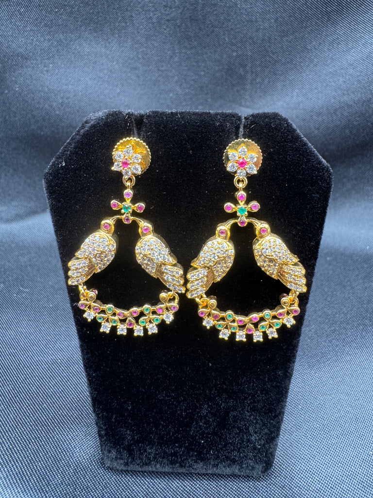Cz stones and ruby stones birds design chandbali earrings