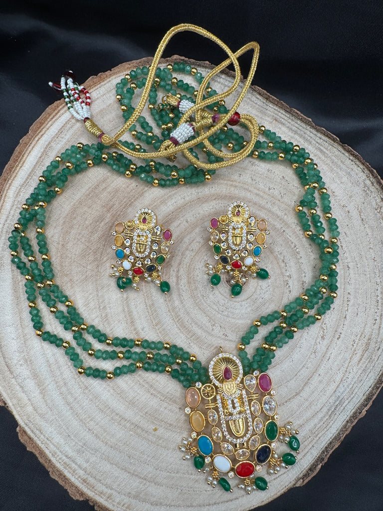 Long three-line Emerald bead chain with Navrathana Stones Venkateshwara Swamy pendant with matching earrings