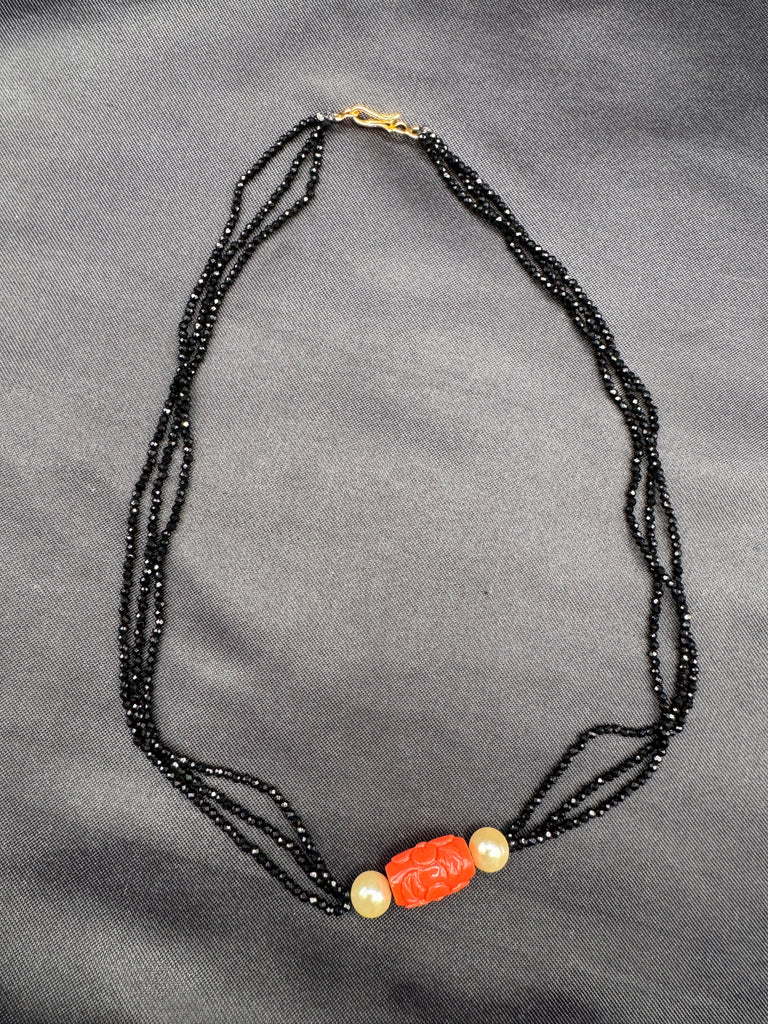 Natural Coral engraved flower with Swarovski pearls black diamond beads chain
