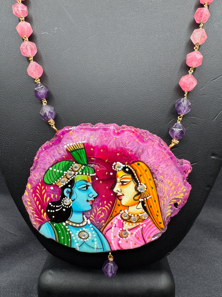 Natural pink sea Crystal hand-painting Radha & Krishna pendant