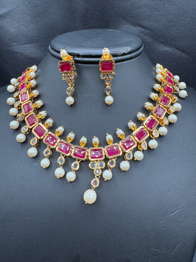 Ruby stones and uncut Stones and pearls necklace set