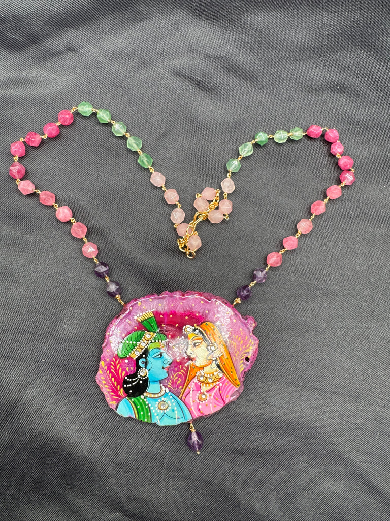 Natural pink sea Crystal hand-painting Radha & Krishna pendant