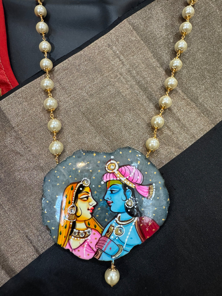 Light gray natural sea crystal hand painting Radha & Krishna pendant with Swarovski pearls chain