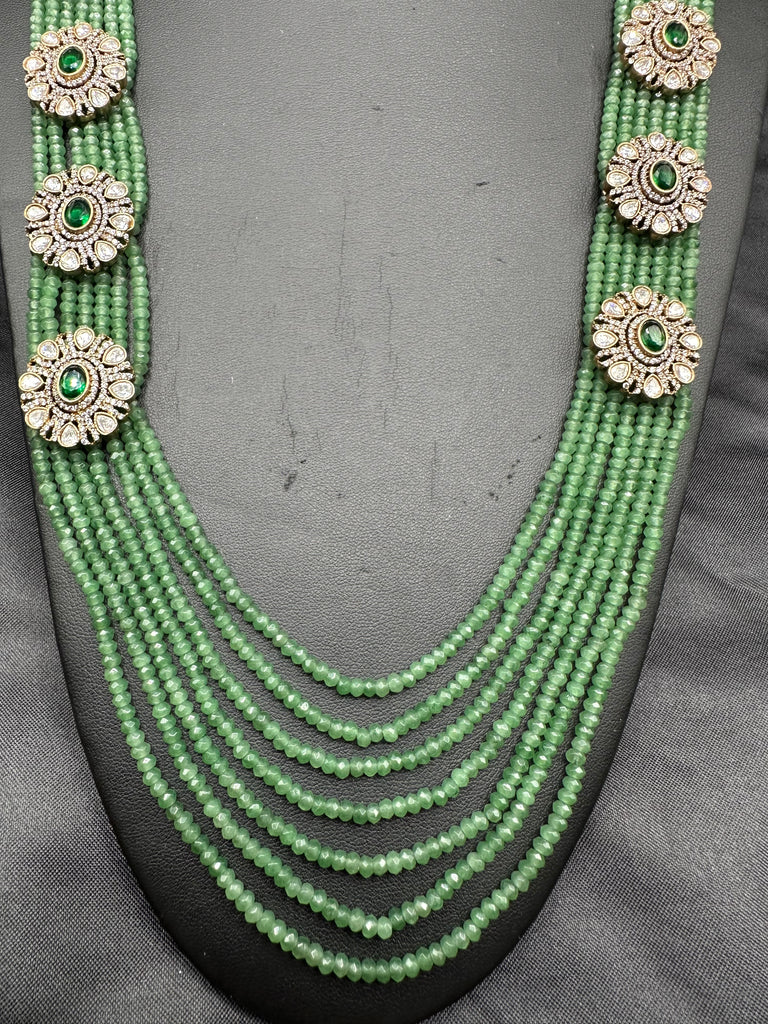 Light green beads with cz stones and moissanite stones side pendants