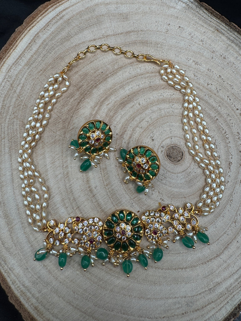 Pearl with CZ stones and emerald pendant & earrings