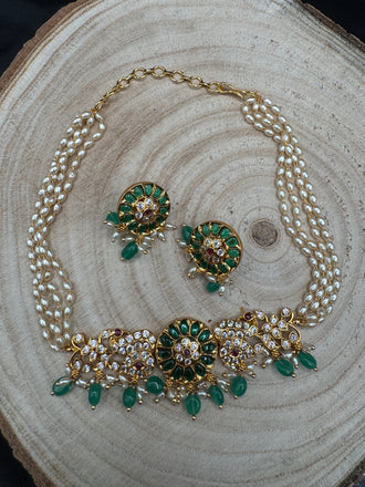 Pearl with CZ stones and emerald pendant & earrings