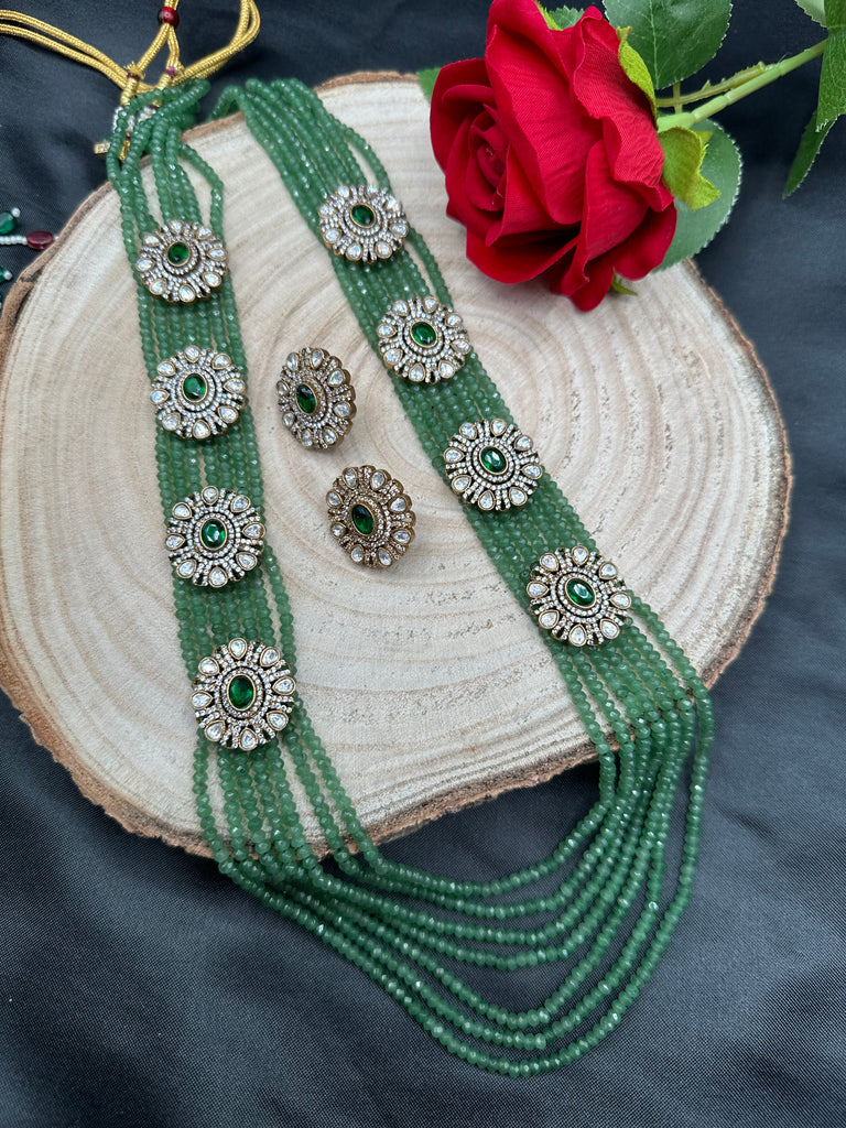 Light green beads with cz stones and moissanite stones side pendants