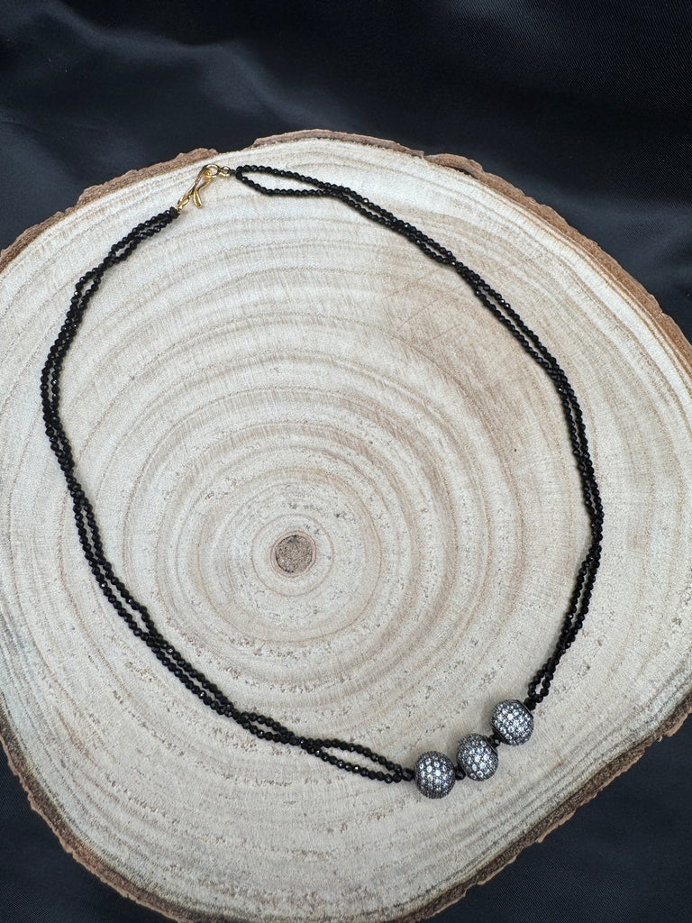 Double line black diamond beads with cz stones ball pendant