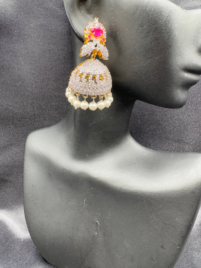 High-quality pink color beads with cz Stones peacock design pendant with matching jumka earrings