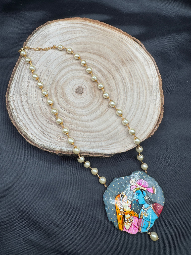 Light gray natural sea crystal hand painting Radha & Krishna pendant with Swarovski pearls chain