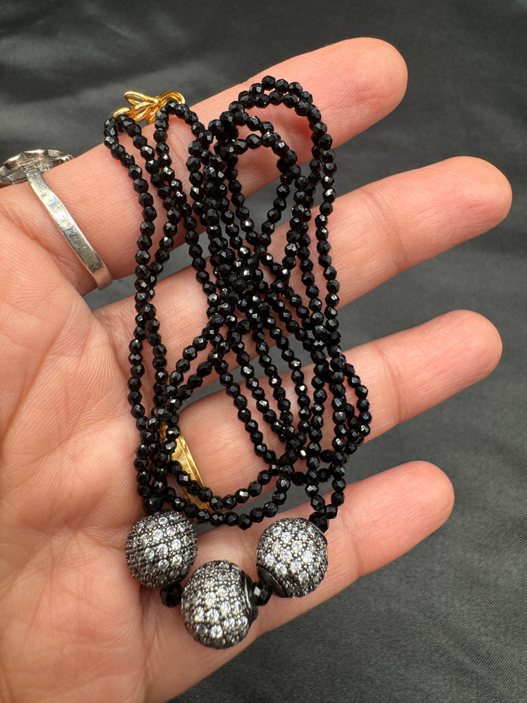 Double line black diamond beads with cz stones ball pendant