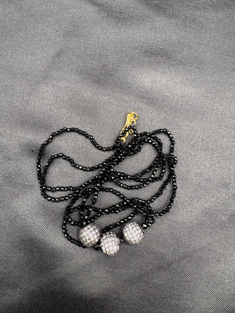 Double line black diamond beads with cz stones ball pendant