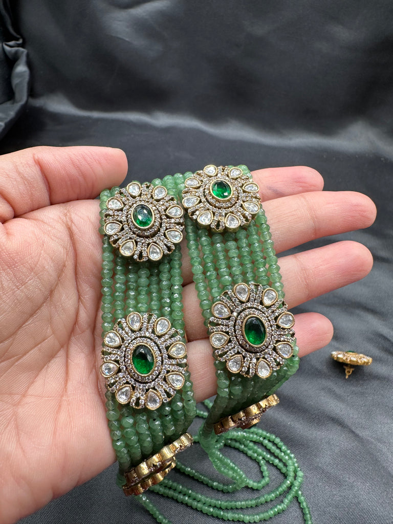 Light green beads with cz stones and moissanite stones side pendants