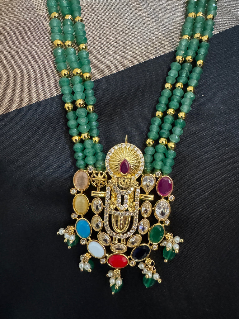 Long three-line Emerald bead chain with Navrathana Stones Venkateshwara Swamy pendant with matching earrings